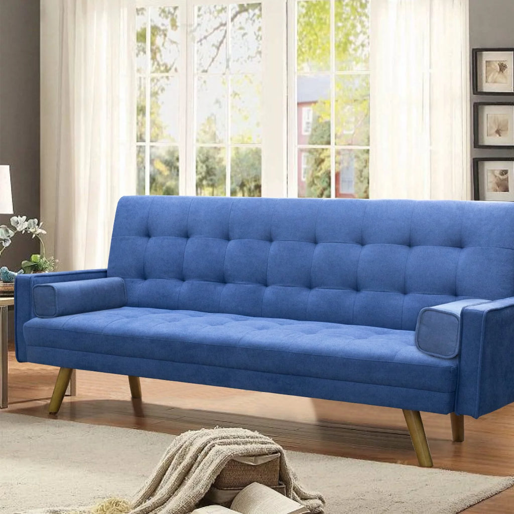 Blue Linen Fabric Futon Sofa Bed with Pillows H381534