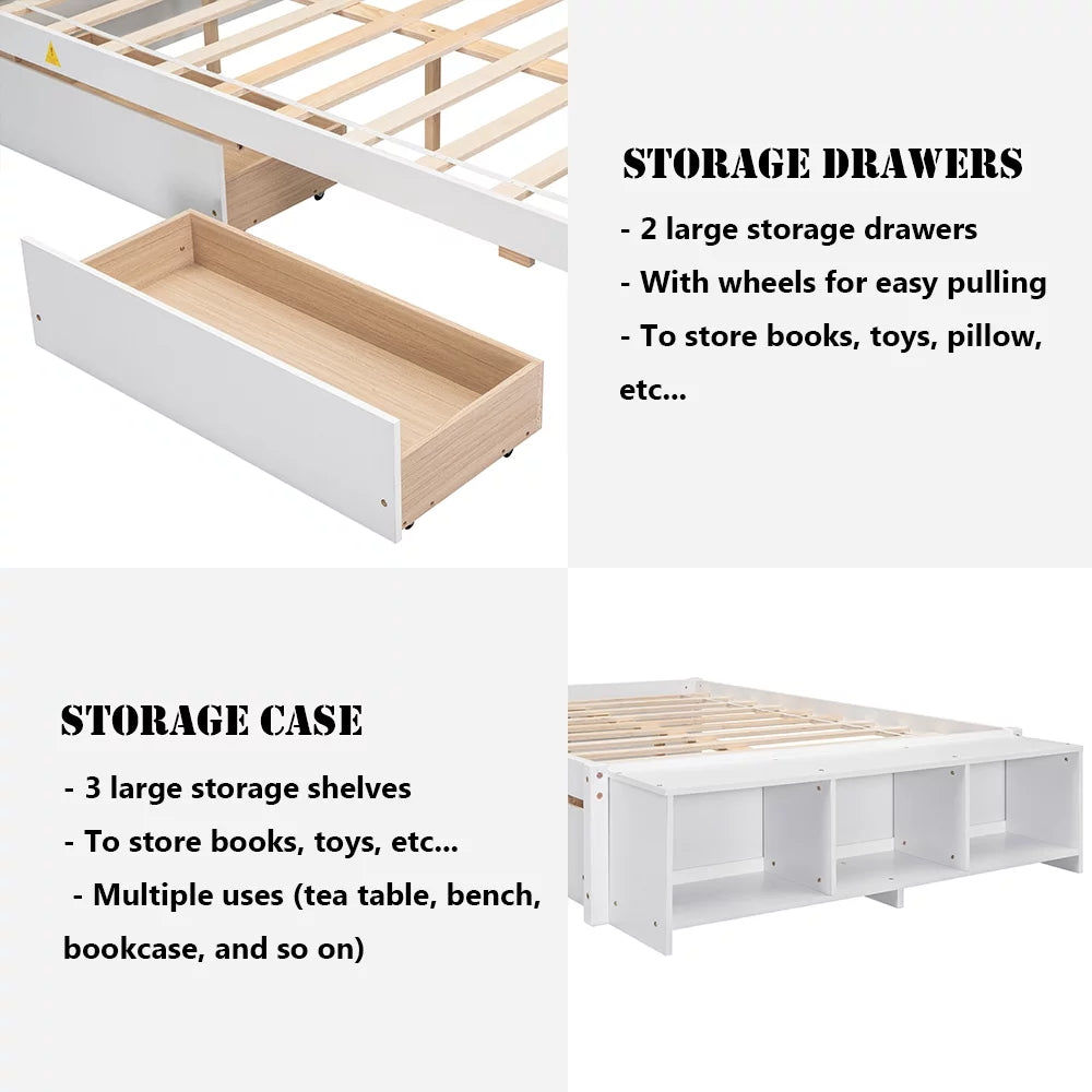 White Full Size Platform Bed with Storage Shelves and Drawer I95274