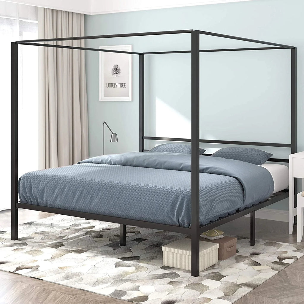 Queen Size Black Metal Canopy Bed Frame with Headboard W1371