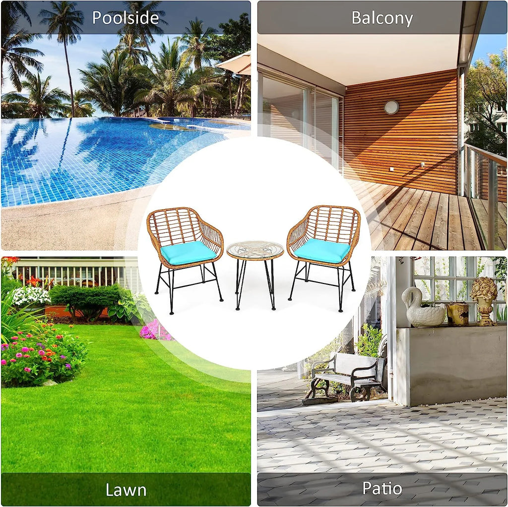 3 Pieces Rattan Patio Bistro Set with Glass Coffee Table J549358