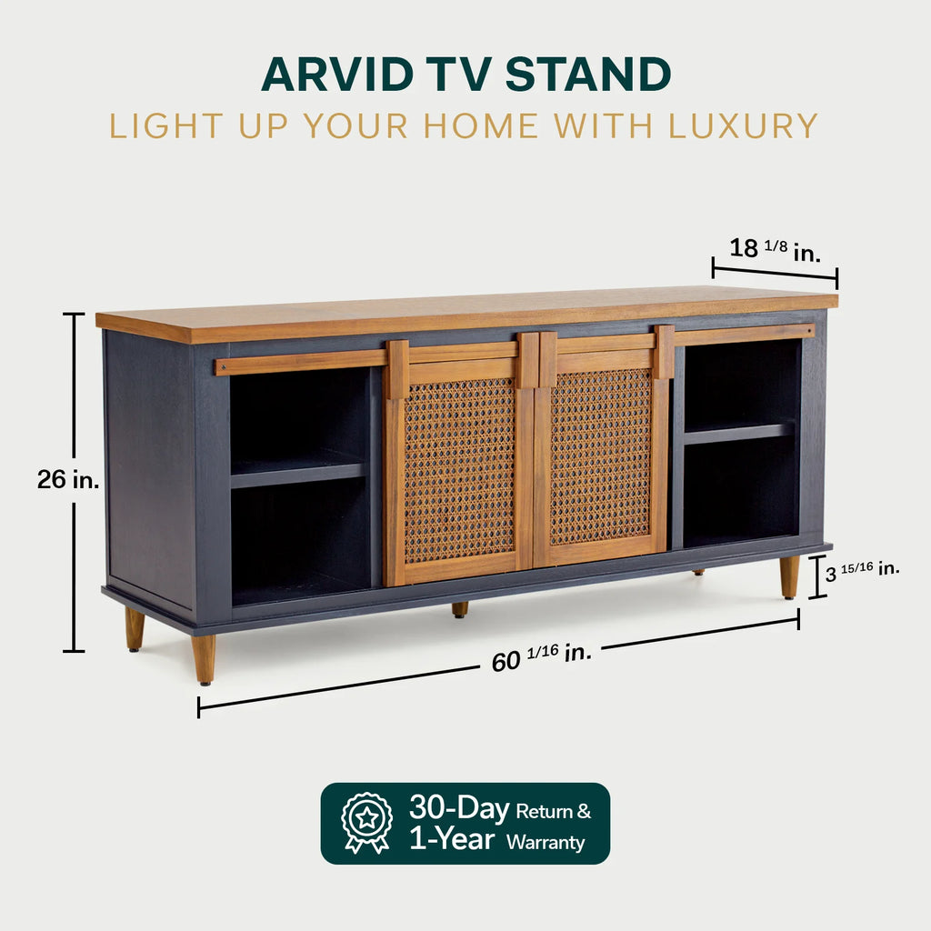Solid Wood TV Stand 2 Sliding Rattan Doors Navy Blue S45300