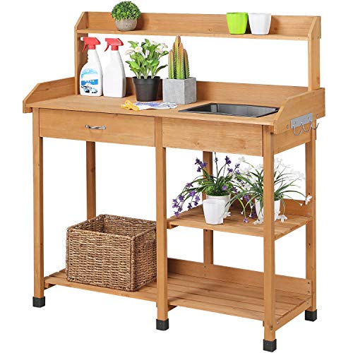 Natural Wood Potting Bench with Sink Drawer Rack Shelves E536745