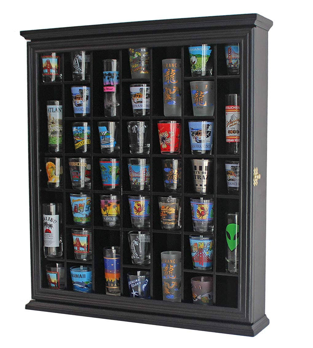Shot Glass Display Case Cabinet Wall Rack with Glass Door Black Finish F39634