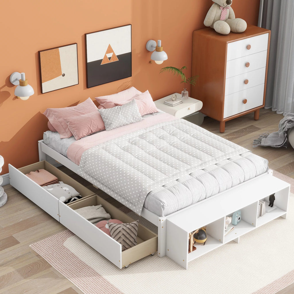 White Full Size Platform Bed with Storage Shelves and Drawer I95274