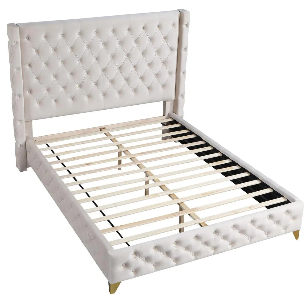 86" King Platform Bed with Cream Velvet Upholstery T715865