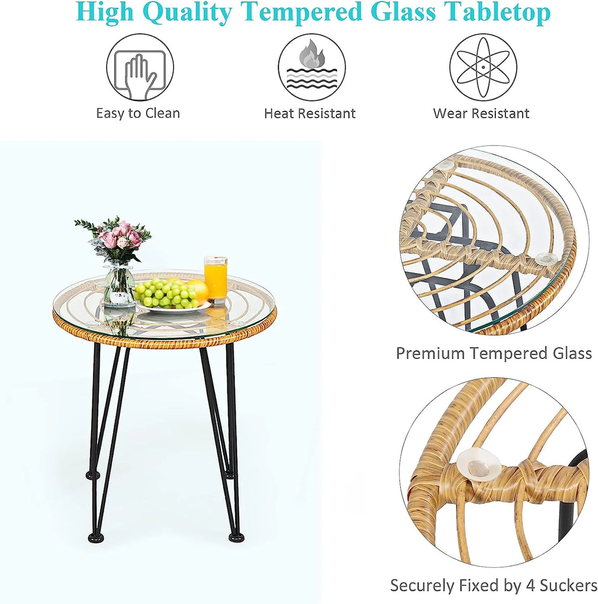 3 Pieces Rattan Patio Bistro Set with Glass Coffee Table J549358