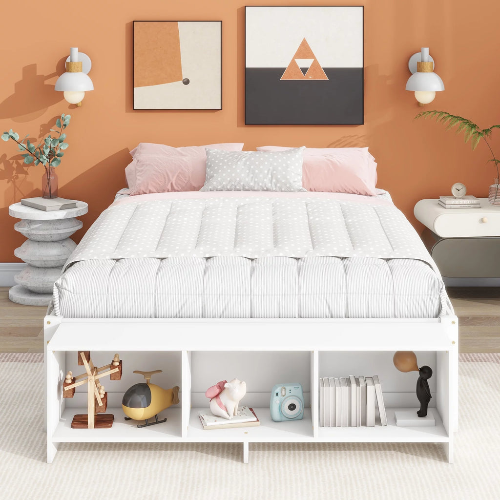 White Full Size Platform Bed with Storage Shelves and Drawer I95274