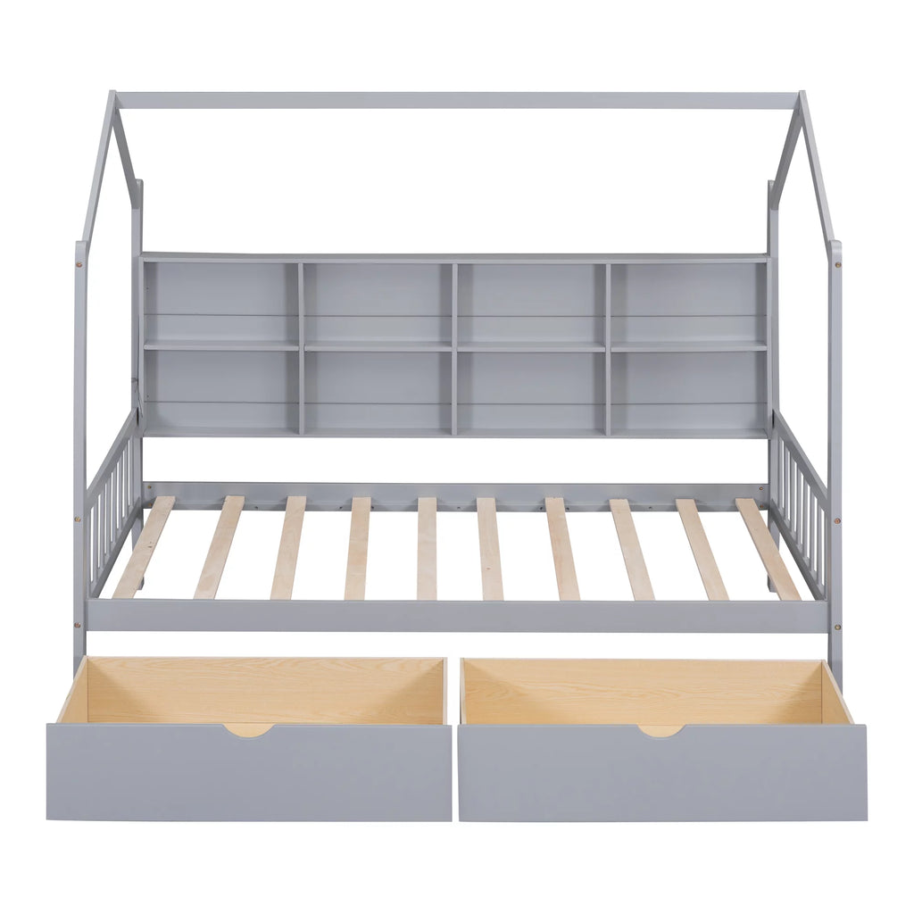 Wooden Twin Size House Bed with 2 Drawers and Storage Shelf J278764