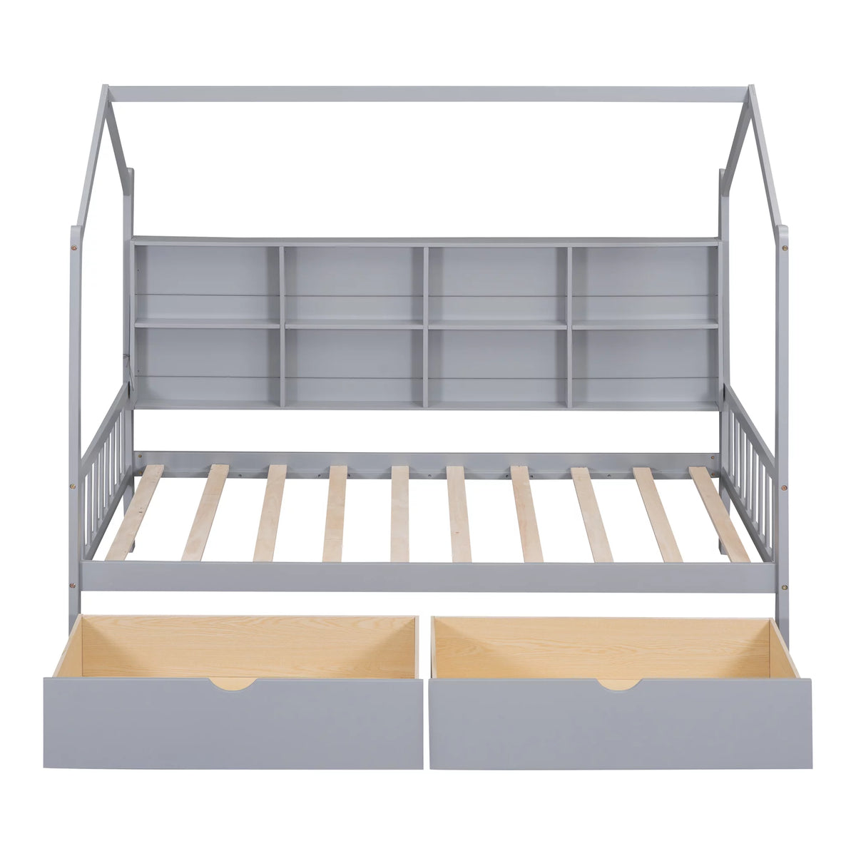 Wooden Twin Size House Bed with 2 Drawers and Storage Shelf J278764