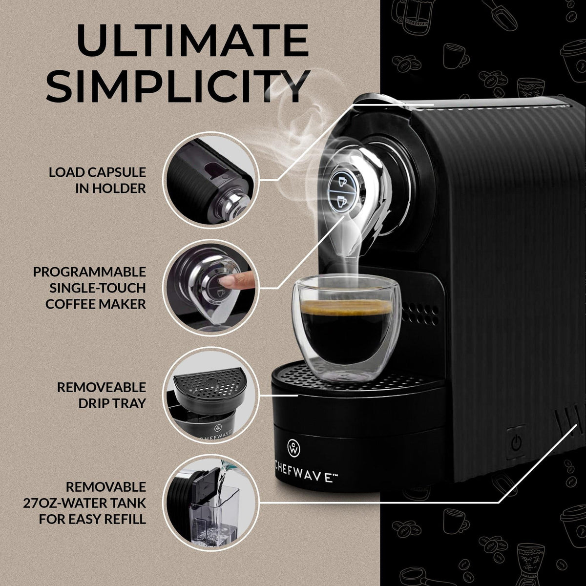 Black Mini Espresso Machine with Coffee Capsules and Holder H286221