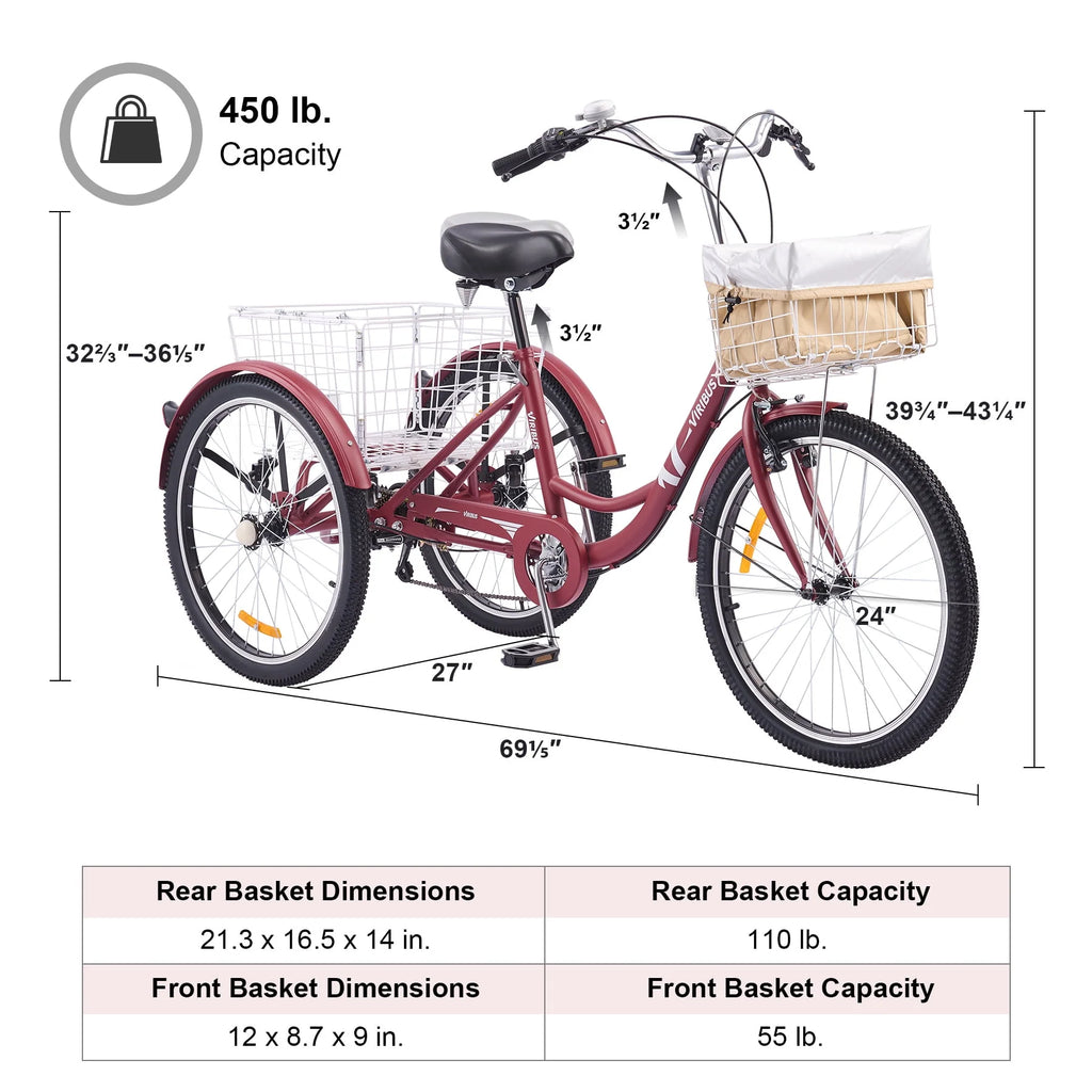 24 Inch 7 Speed Adult Trike with 2 Baskets Matte Gray I107