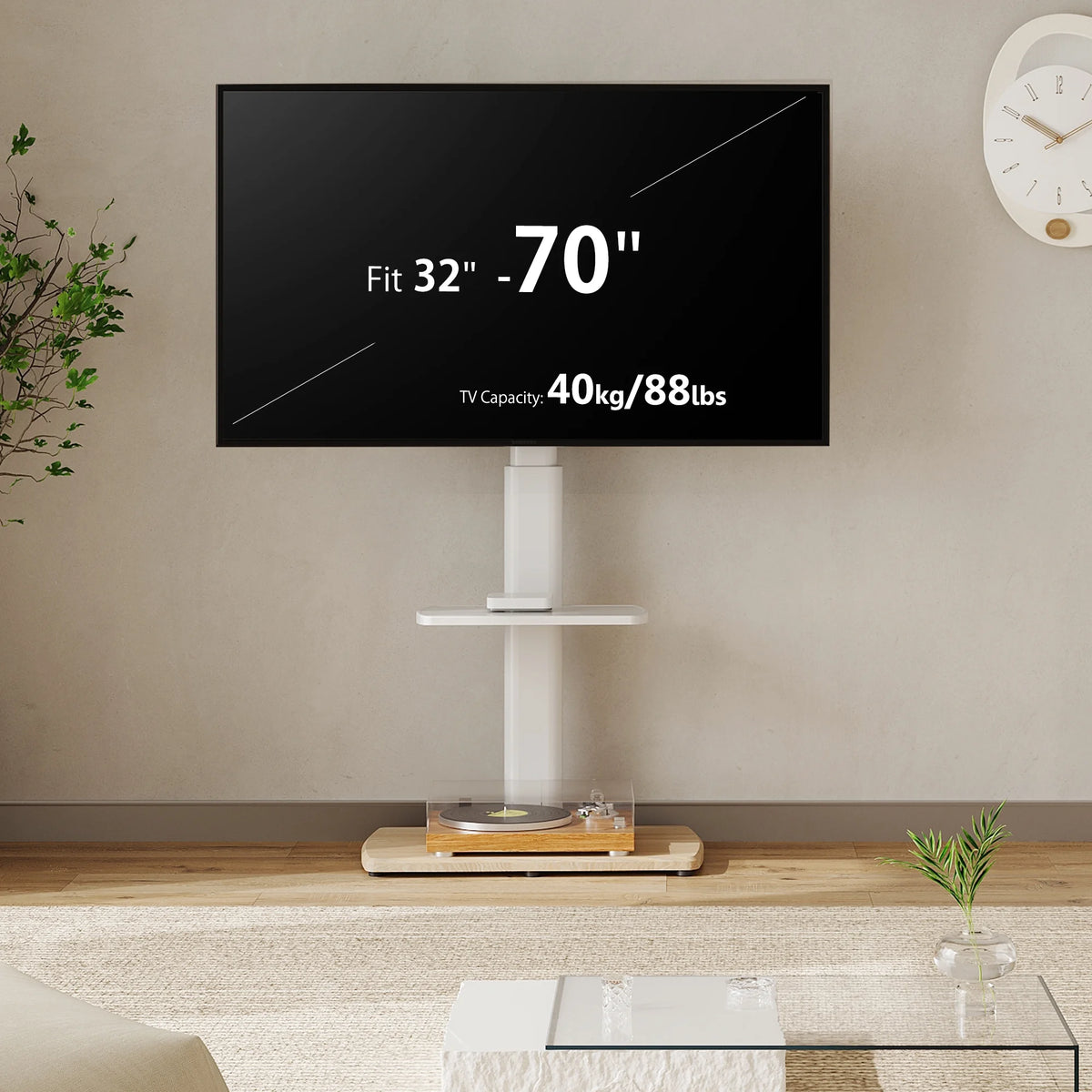 Floor TV Stand for 32-70 Inch Flat or Curved TVs, Height Adjustable, White N752