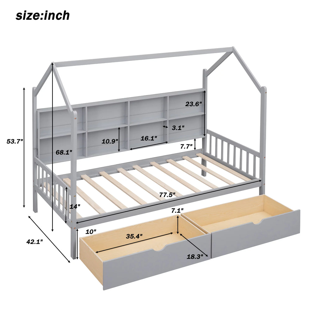 Wooden Twin Size House Bed with 2 Drawers and Storage Shelf J278764