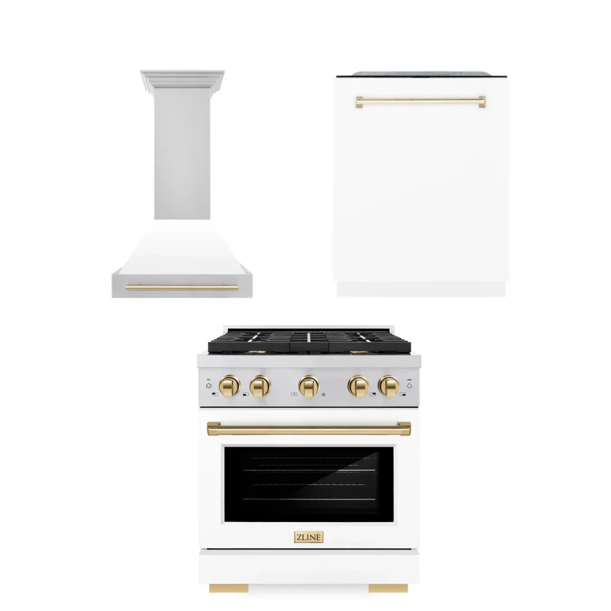 30 In. Gas Range, Range Hood, Dishwasher in White Matte with Gold Accents Q553
