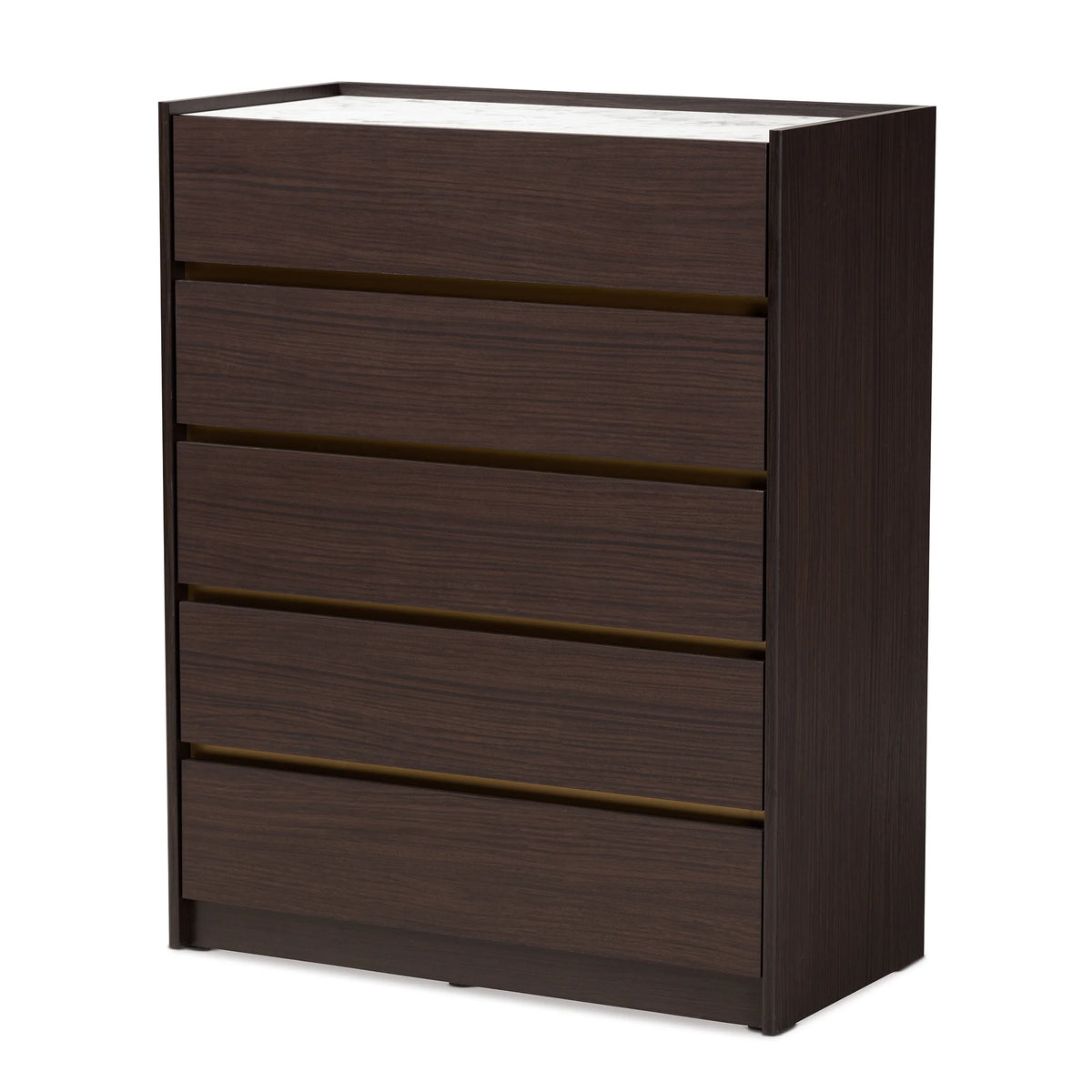 Dark Brown Gold Wood 5-Drawer Chest with Faux Marble Top Y59425